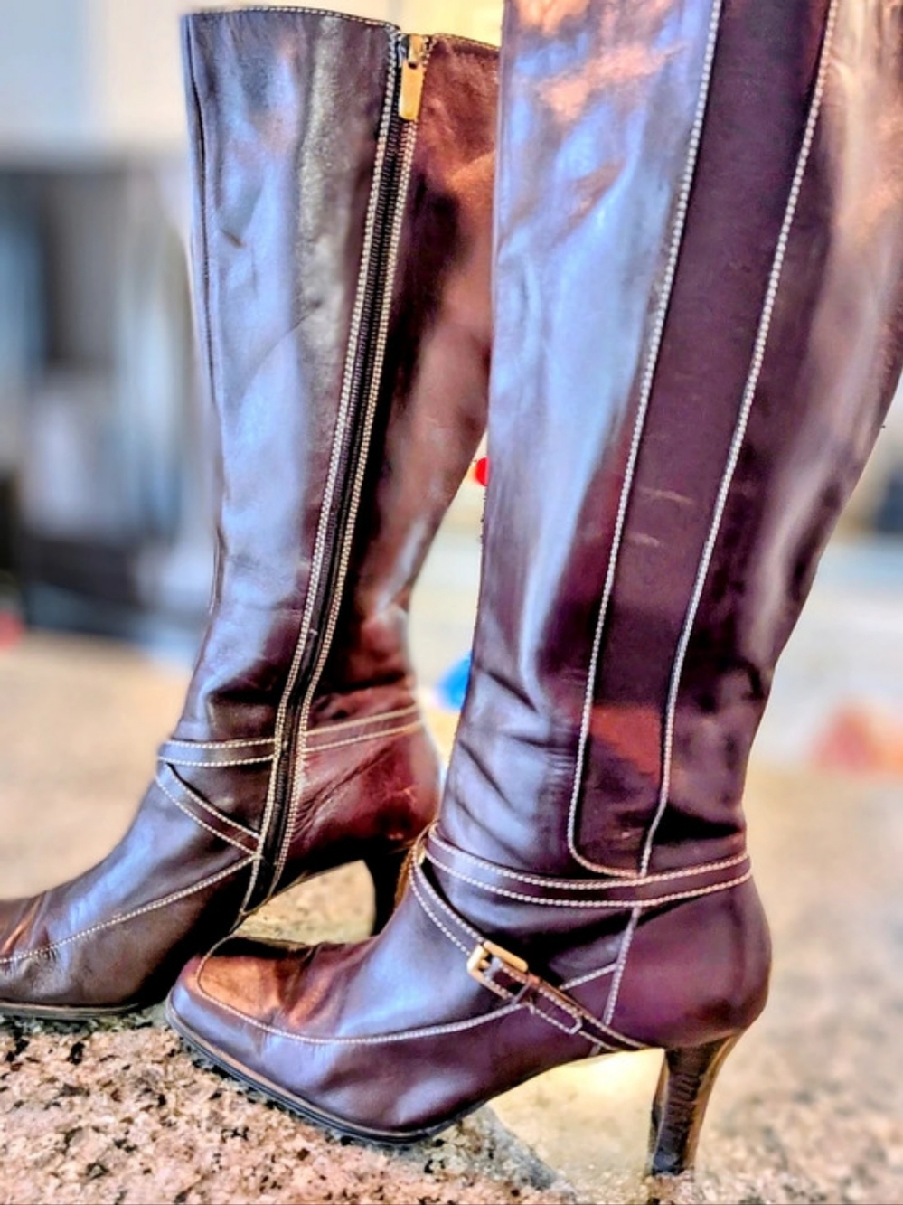 AK Anne Klein 8.5M Dark Brown Leather Tall Knee High Heeled Boots